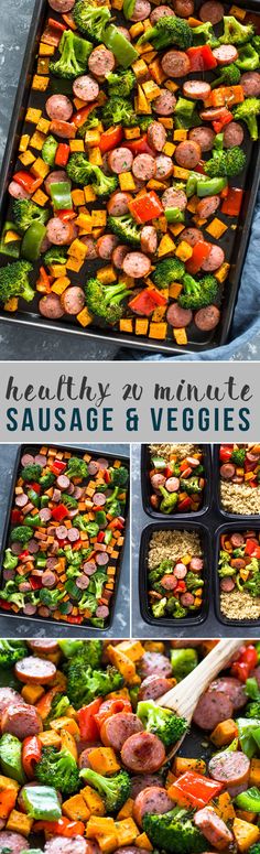 an assortment of sausages and veggies in trays on a table with text overlay