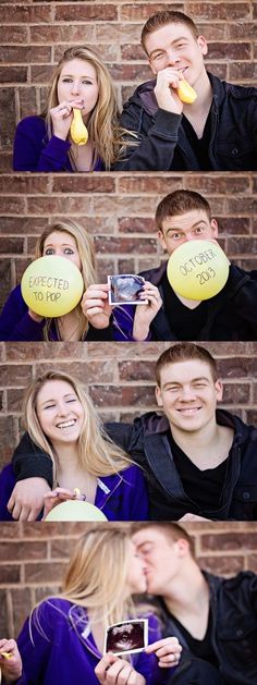 a man and woman kissing while holding up two frisbees with words written on them