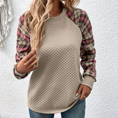 New Plaid Print Long Sleeve Sweatshirt Lightweight Armpit To Armpit 19.7”S,4, M,6 Length 26” Armpit To Armpit 20.8” Length 26.6” 100% Polyester Round Neck Tan Color Fall Winter Spring Summer Luxury Ladies Women’s Wear Winter All Season Shirts & Blouses Jersey Tops Party Day Going Out Shirts White Accessories Dress Style Cocktail Sleeves Cardigan Pair With Sweater Preppy Sexy Hot Boho Trendy Vogue Posh Sassy Girly Date Night Elegant Dressy Fashionable Chic Tomboy Simple Bold Fun Classy Office Cla Ropa Upcycling, Apricot Sweater, Tunic Pattern, Winter Tops, Plaid Fashion, Sweatshirt Dress, Sleeves Pattern, Amelie, Grey Sweatshirt