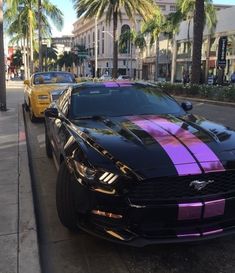 two cars parked next to each other on the side of a street with palm trees