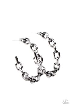 An immovable row of gunmetal chain delicately twists into an edgy hoop for an intense industrial vibe. Earring attaches to a standard post fitting. Hoop measures approximately 1 3/4" in diameter. Sold as one pair of hoop earrings. P5HO-BKXX-207XX Black Hoops Earrings, Stronger Together, Jewelry Watch, Paparazzi Accessories, Black Jewelry, Black Earrings, Paparazzi Jewelry, Boutique Jewelry, Silver Hoops