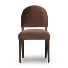 an upholstered chair with a dark brown fabric seat and back, viewed from the side