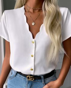 Material: Chiffon US Size: S, M, L, XL Item Type: Shirt Gender: Woman Color: White Style: fashion Scallop Trim, Women's Blouses, Collar Blouse, Womens Clothing Stores, Fashion Colours, Look Chic, Short Sleeve Top, Eminem, Short Sleeves Tops