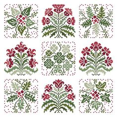 the cross stitch pattern has red berries and green leaves