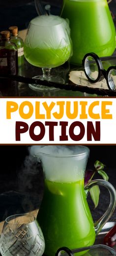 two glasses filled with liquid sitting on top of a table next to each other and the words polyjuice potton above them