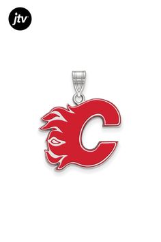 Rhodium over sterling silver red enameled NHL Licensed Calgary Flames large pendant from LogoArt. Pendant has polished finish. Measures approximately 0.75"L x 0.75"W. Red Enamel Jewelry With Charms, Red Enamel Jewelry With Large Pendant, Red Enamel Collectible Jewelry, Calgary Flames, Calgary, Nhl, Sterling Silver, Pendant, Silver