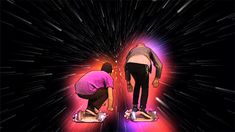 two skateboarders in front of a black background with stars and lightening effects