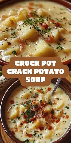 two bowls filled with potato soup on top of a wooden table