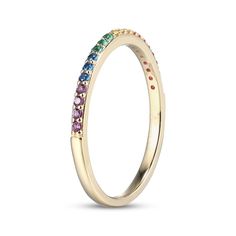 Add this rainbow ring to your stack or wear it alone for a fun look that goes with everything. 10K yellow gold The multicolor design includes lab-created rubies; orange, yellow and purple lab-created sapphires; lab-created emeralds; and blue lab-created spinels Rainbow Ring, Rainbow Rings, Lab Created Emerald, Orange Yellow, Ruby, Emerald, Sapphire, Lab, Yellow Gold