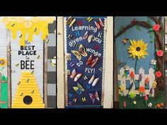 three doors decorated with different types of paper flowers and bees, one is for the best place to fly