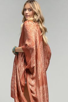 Semi-sheer woven kimono features an ornate mandala print with lotus pattern border*100% Viscose*APPROX. W 40" L 36" Orange Kimono, Ornate Mandala, Lotus Pattern, Festival Attire, Plus Size Boho, Black Faux Fur Coat, Beach Kimono, Kimono Duster, Free Spirit Style