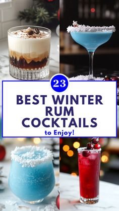 A vibrant image of four festive winter rum cocktails, featuring creamy, icy blue, and cranberry-red drinks with snowy garnishes. Perfect for holiday or winter gatherings and seasonal rum recipes for celebrations.