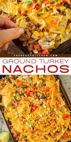 Need an easy appetizer recipe for party? Serve up these sheet pan nachos! They're a perfect snack food. Full of vegetables, beans, and cheese, these are the BEST ground turkey nachos! Save this delicious game day recipe! Nacho Platter, Nacho Recipe, Beans And Cheese