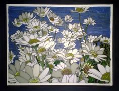 a painting of white daisies on a blue background with black border around the edges