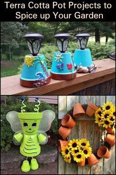 the cover of terra cota pot projects to spice up your garden, with sunflowers and bees