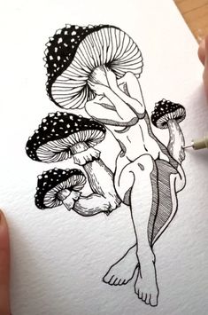 a drawing of a woman with mushrooms in her hair, holding a pencil and looking at the camera