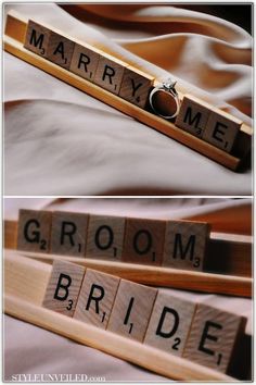 scrabble tiles spelling out the word groom, bride and marriage ring on them