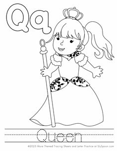 the letter q is for queen coloring page with an image of a princess holding a wand