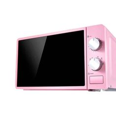 a pink microwave oven sitting on top of a white counter