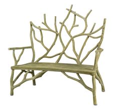 a bench made out of branches on a white background