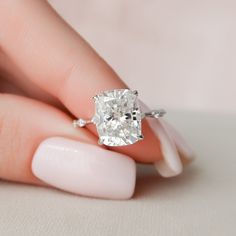 5.0 CT Cushion Solitaire & Dainty Pave Moissanite Engagement Ring - crownmoissanite Cushion Solitaire, Elongated Cushion Cut, Measure Ring Size, Elongated Cushion, Cushion Engagement Ring, Cushion Cut Moissanite, Types Of Diamonds, Moissanite Jewelry, Moissanite Wedding Bands