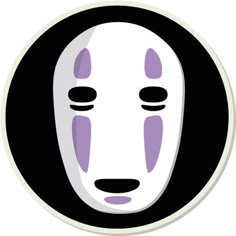 a black and white mask with purple eyes in a circular frame on a white background