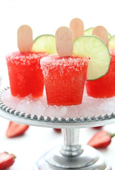 watermelon and lime margarita cocktails on a silver platter