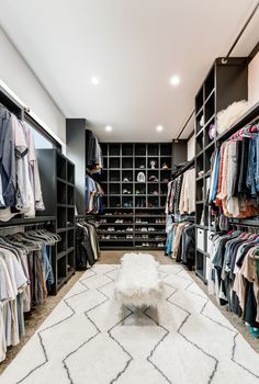 a walk in closet filled with lots of clothes and coats on shelves next to a white rug