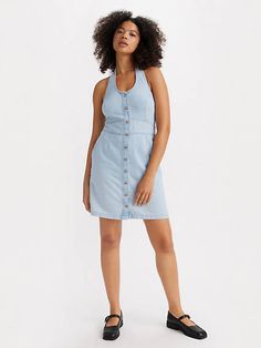 There's nothing more flattering than a classic mini. Our Halter Denim Dress features a vintage-inspired halter neckline, a button-up front and a slight A-line silhouette. A mini halter dress Cut with an A-line silhouette With a button-up front Made from denim Levi's Sleeveless Spring Dress, Levi's Sleeveless Summer Dress, Levi's Sleeveless Dress For Spring, Levi's Casual Summer Dresses, Levi's Spring Dresses For Day Out, Levi's Dresses For Spring Day Out, Levi's Casual Dresses For Spring, Levi's Casual Spring Dresses, Casual Levi's Dresses For Spring