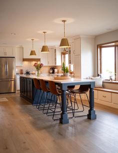 a kitchen with an island and bar stools