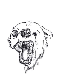 a black and white drawing of a dog's head with it's mouth open