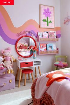 B&A: A Colorful "Sunshine and Rainbows" Kid's Room Makeover - Photos | Cubby Kindergarten Girl Bedroom Ideas, Bright Toddler Girl Room, Toddler Bedroom Girl Colourful, Eclectic Toddler Girl Room, Groovy Girls Room, Teen Girl Room Ideas Aesthetic, Girl Room Ideas Aesthetic, Preschool Girl Bedroom, Bright Girls Room