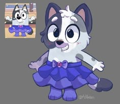 a cartoon dog in a purple dress with a cat on it's back and another character