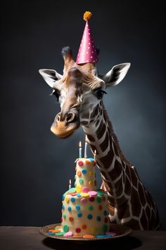 a giraffe standing next to a cake with candles on it's head