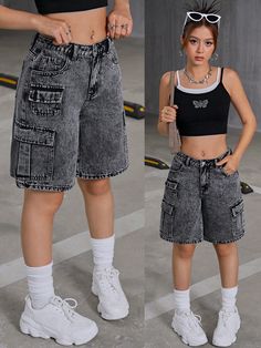 Teen Girls Y2K Trendy Fashionable Low Waist Flap Pocket Baggy Denim Cargo Jeans Shorts,Teen Girl Back To School Clothes Outfits Black    Denim Plain Straight Leg Non-Stretch  Teen Girls Clothing, size features are:Bust: ,Length: ,Sleeve Length: Trendy Outfits Back To School, Cute Jeans Shorts, High End Streetwear Women, Outfit With Short Jeans, Baggy Black Cargo Shorts, Clothes For Teenage Girls Outfit, Short Baggy Jeans, Cute Clothes For Teenagers, Middle School Outfits 6th