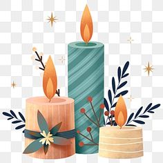 two candles with christmas decorations on them, one is blue and the other is orange