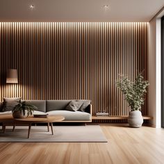 a modern living room with wood paneling on the wall