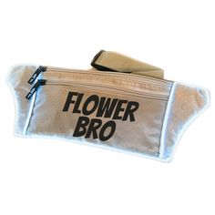 a white bag with the words flower dude printed on it and a black zippered closure