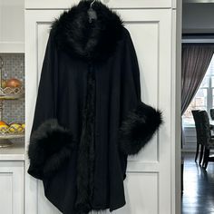 Nwot Ships Same Day! Black Fur Trim Collar, Sleeves Neck, Hook Closures One Size Note: If You’re Not A Seller Sellers Pay 20% In Fees $.30 On The Dollar In Taxes Plus Shipping Materials And Of Course The Item This Item Is New With No Flaws Black Fur Trim Coat, Elegant Black Outerwear With Faux Fur Trim, Elegant Black Fur Coat For Fall, Elegant Black Outerwear With Faux Fur Lining, Shawl Outfit, Faux Fur Shawl, Fur Trim Coat, Coats Black, Black Shawl