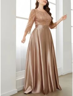 Satin Long Gown, Flowy Long Sleeve Dress, Satin Ball Gown, Dress Wedding Guest, Evening Dresses Cocktail, Long Sleeve Sequin, فستان سهرة, Color Champagne, Mother Of The Bride Dress