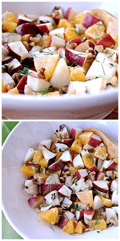 there are two pictures of food in the same bowl, and one has fruit on it