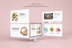 three screens displaying different food items in front of each other on a pink background,