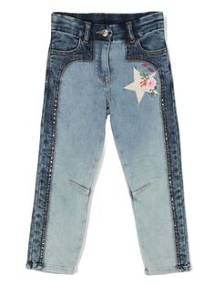 light blue/dark blue dark wash cotton blend denim panelled design embroidered motif stud detailing belt loops front button and zip fastening classic five pockets straight leg Embellished Denim Blue Straight Leg Jeans, Embellished Straight Leg Denim Blue Jeans, Studded Jeans, Blue Dark, Panel Design, Moschino, Tommy Hilfiger, Dark Blue, Converse