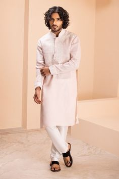 Baby pink linen kurta with placement dori embroidery on front. Paired with a contrasting plain aligadhi. - Aza Fashions Traditional White Linen Sets, Elegant Linen Kurta With Resham Embroidery, Linen Sets With Chikankari Embroidery In Straight Kurta Style, Traditional Long Sleeve Linen Kurta, Traditional Fit Cotton Sherwani With Cutdana, Cotton Sherwani With Cutdana In Traditional Fit, Eid Linen Kurta With Embroidered Border, Embroidered Linen Straight Kurta Set, Linen Chikankari Embroidery Wedding Sets