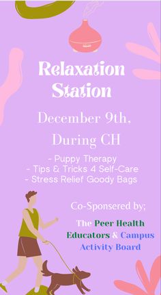 a flyer for the relaxation station with a woman walking her dog