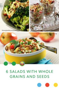 six salads with whole grains and seeds are shown in this collage, including broccoli