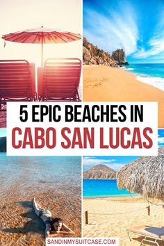 the beach with chairs and umbrellas on it in cabo san lucas, mexico