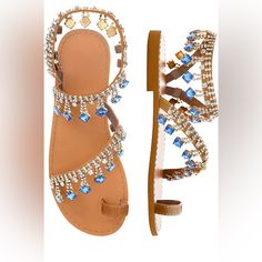 Brand New Still In Box Sandals With Jewels. Blue Summer Party Sandals, Summer Party Blue Sandals, Marc Fisher Sandals, Skechers Sandals, Blue Dress Shoes, Low Heel Flats, Pearl Sandals, Flat Gladiator Sandals, Black Chunky Heels