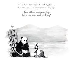 a panda bear sitting next to an antelope on the beach with a poem written in it