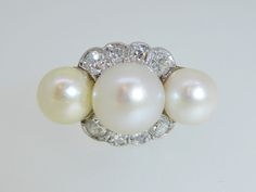 "This exquisite little treasure features 3 luscious white pearls surrounded by 14 small old European and old mine cut diamonds . Set in 18K white gold. The ring is a size 6.75. Setting measures approx. 1/2\" tall. This ring is in excellent pre-owned vintage condition. Total weight is approx. 4.8 grams. (T8 * MJP038283) Please review all photos before purchasing and feel free to ask questions about the item :) For more information you can call us at 360-657-5276. We are sorry but we do NOT offer Vintage White Pearl Ring With Brilliant Cut, Heirloom White Pearl Ring With Rose Cut Diamonds, White Pearl Ring With Rose Cut Diamonds, Vintage White Pearl Ring With Rose Cut Diamonds, White Pearl Ring With Rose Cut Diamonds For Anniversary, Classic White Pearl Ring With Rose Cut Diamonds, Pearl Diamond Ring, Tanzanite Diamond Ring, Pearl And Diamond Ring